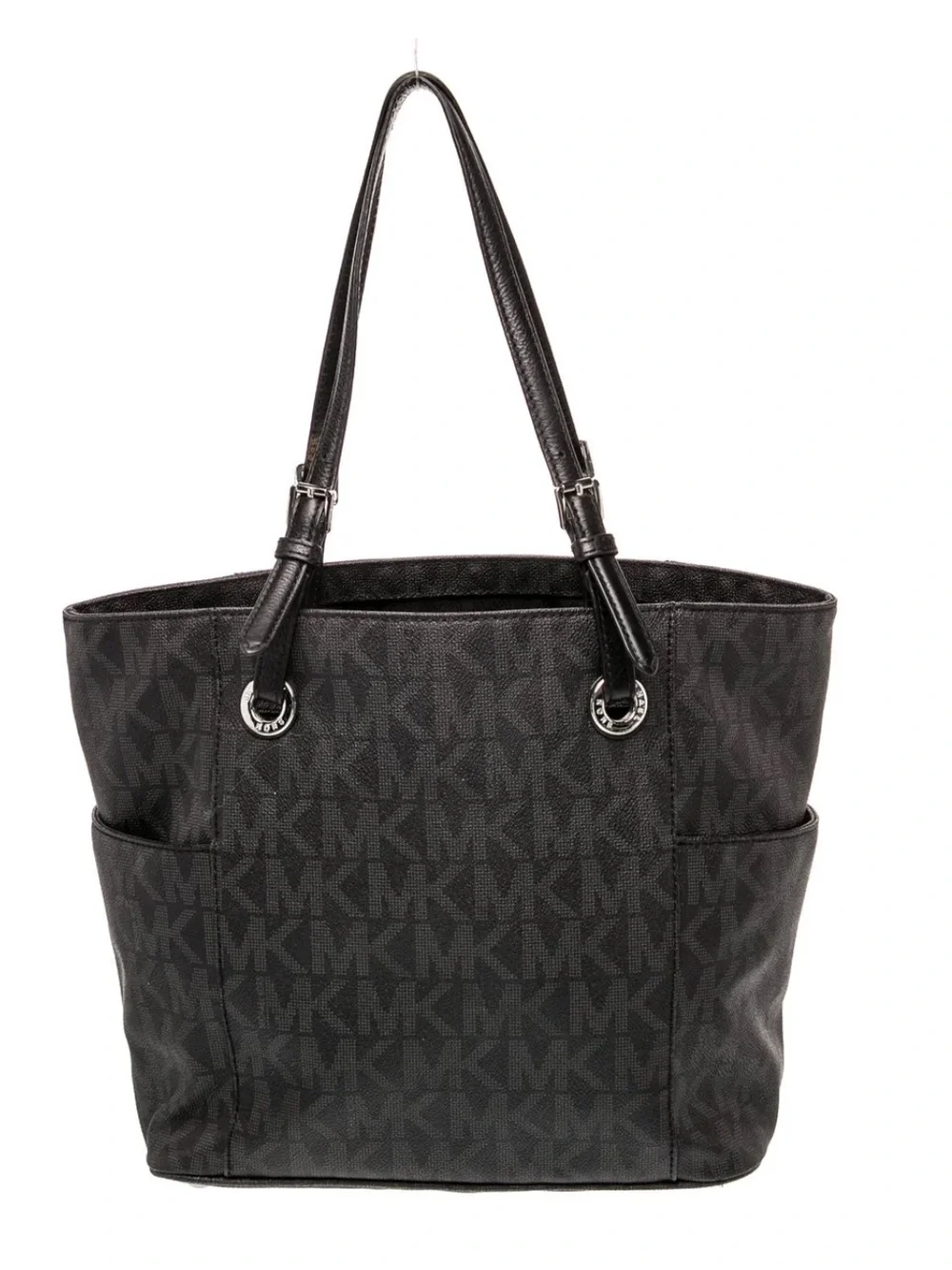 Michael Kors Black MK Monogram Tote with Silver Logo Charm